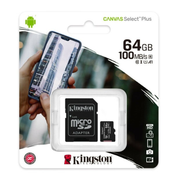 Kingston Canvas Select Plus MicroSDXC Memory Card 64GB (UHS-1) (A1) (Class 10) + SD Adapter